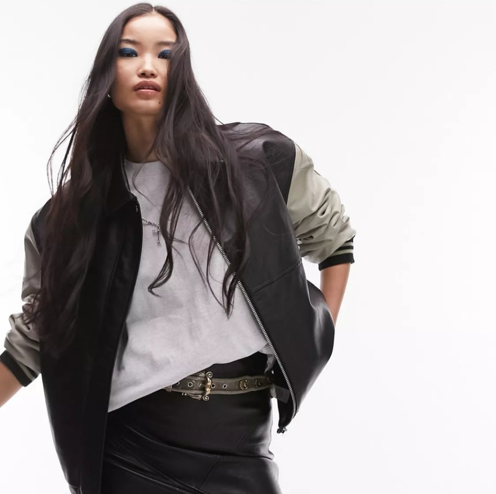 *NWT Topshop Faux Leather Varsity Contrast Sleeve Bomber Jacket